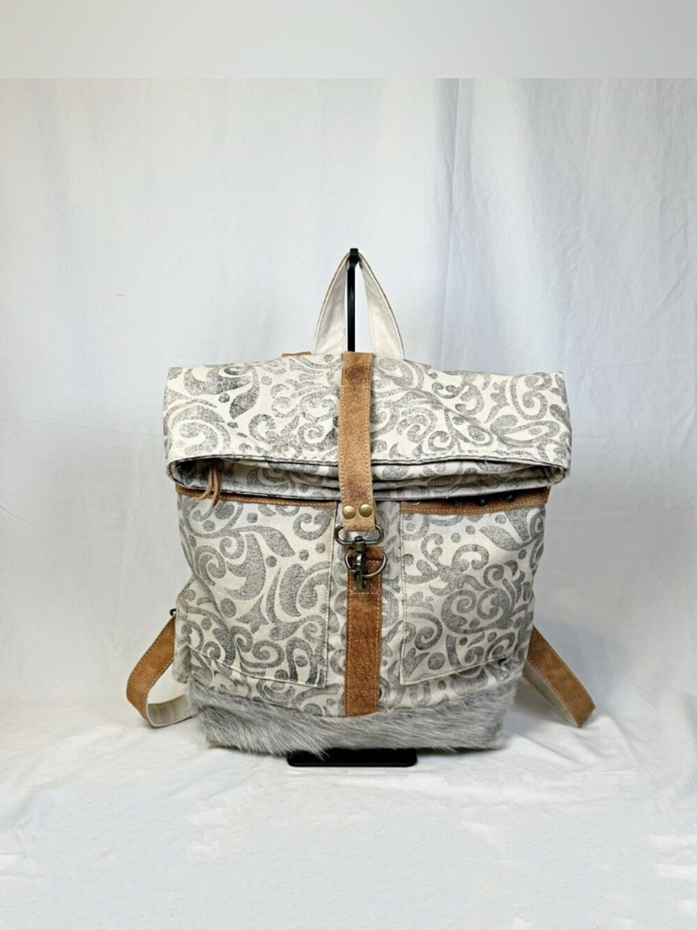 Myra Gray Canvas Cowhide Leather Furry Fold Over Backpack Duffle Bag/Wristlet